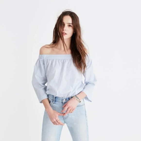 Madewell White & Blue Striped Clean 3/4 Sleeves Off The Shoulder Top Size Medium - Picture 3 of 8
